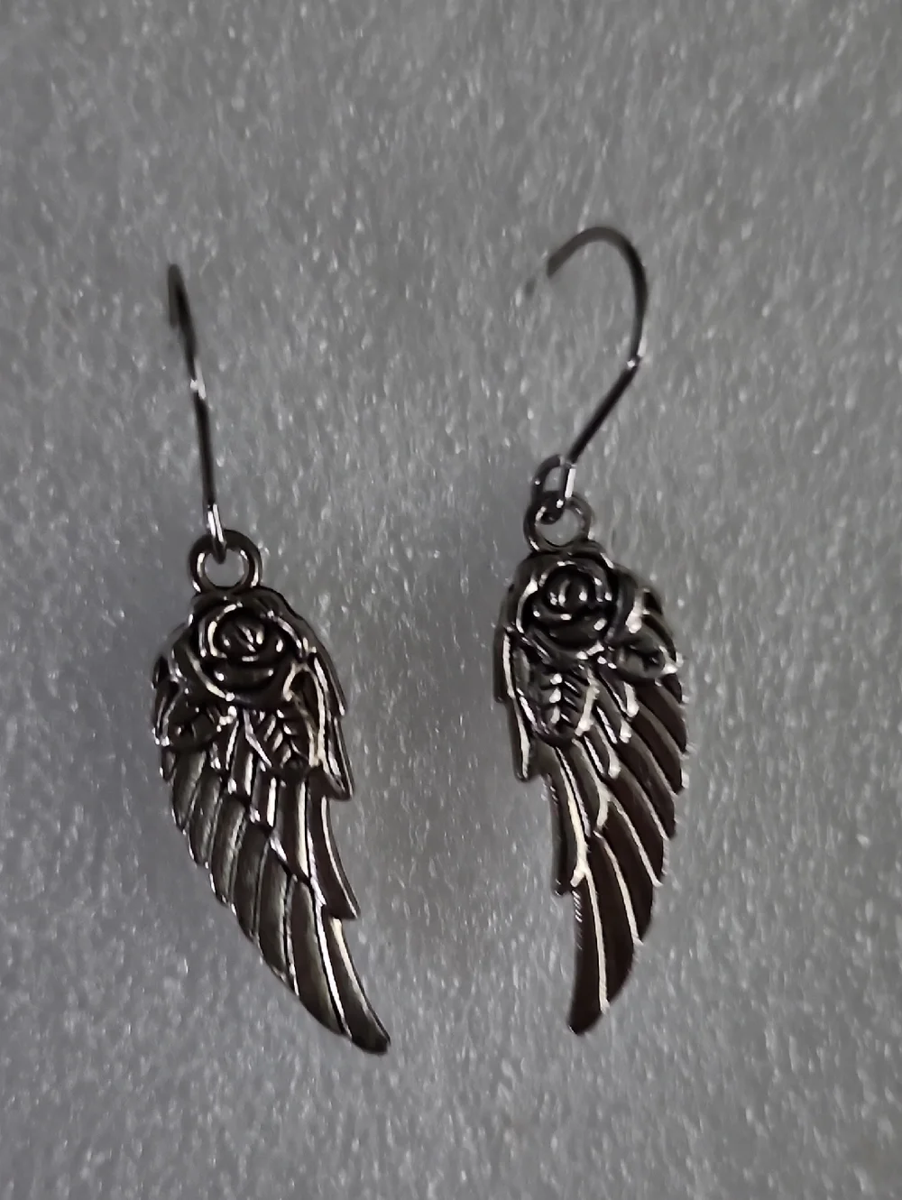 Hand Crafted Silver Angel Wing and Rose Drop Earrings - Women Jewelry